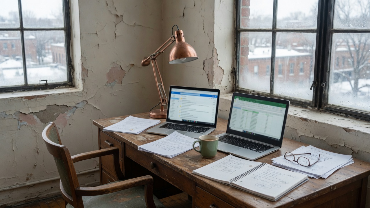 Bureau vide, deux ordinateurs portables, lampadaire cuivre.