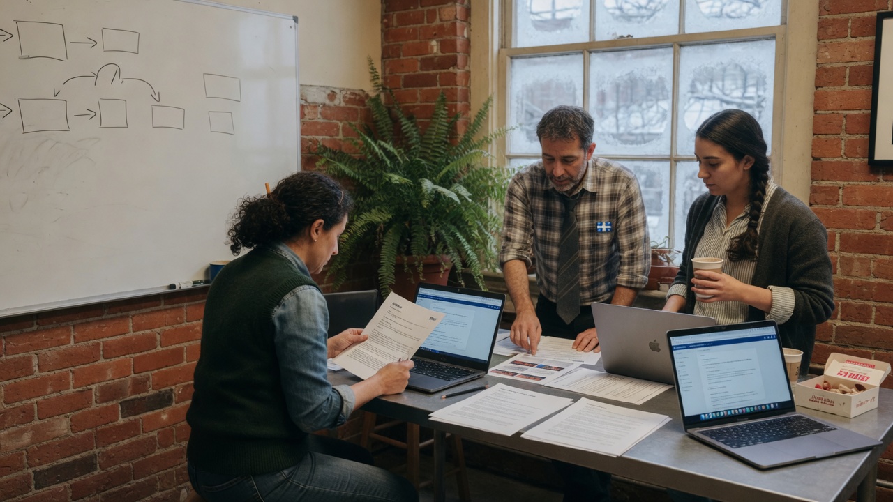 Trois personnes autour d’une table, tableau blanc et ordinateurs portables.