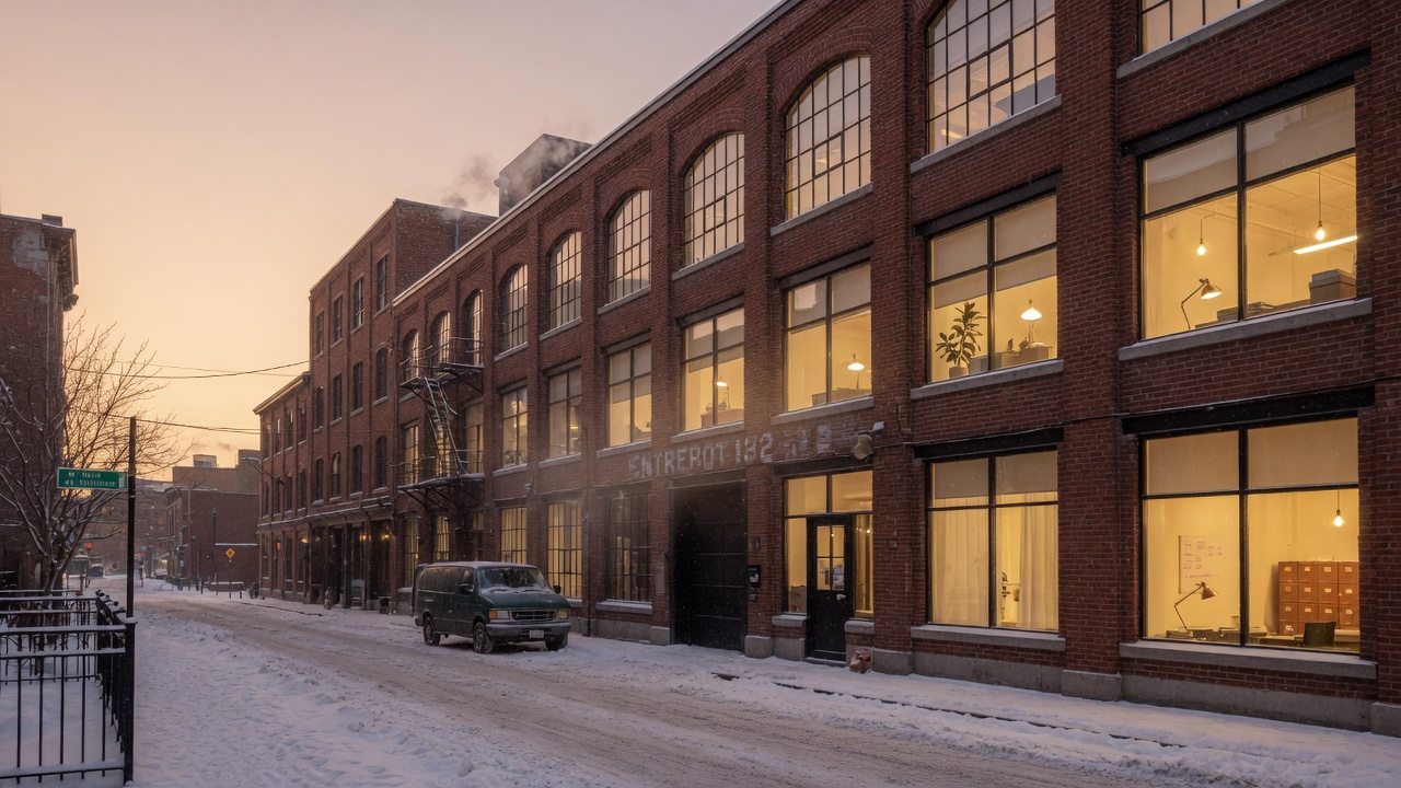 Rue de Montréal en fin de journée, immeuble de bureaux éclairé.