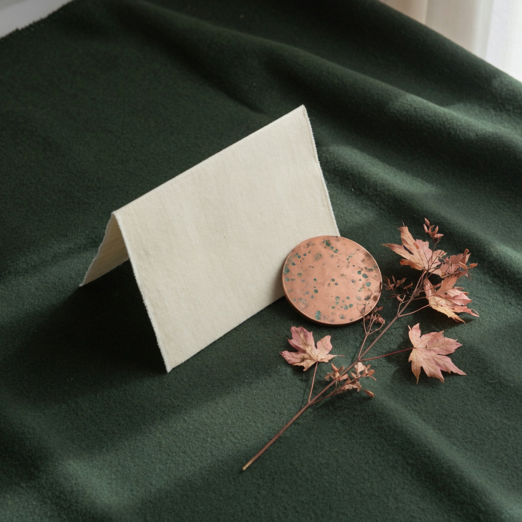 Nature morte : carte de lin, objet de cuivre et feuille d’érable séchée.